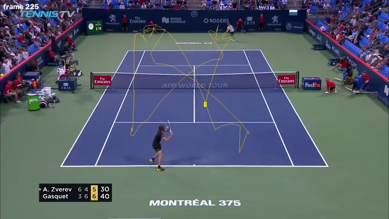 A broadcast frame partway through the rally, with the ball's tracked path drawn as a line across the court and a small box marking the game ball