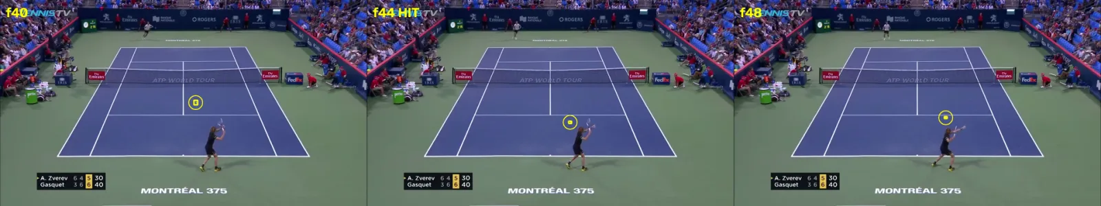 Three broadcast frames around frame 44: the ball descending toward Zverev, at his feet, then rising as he winds up